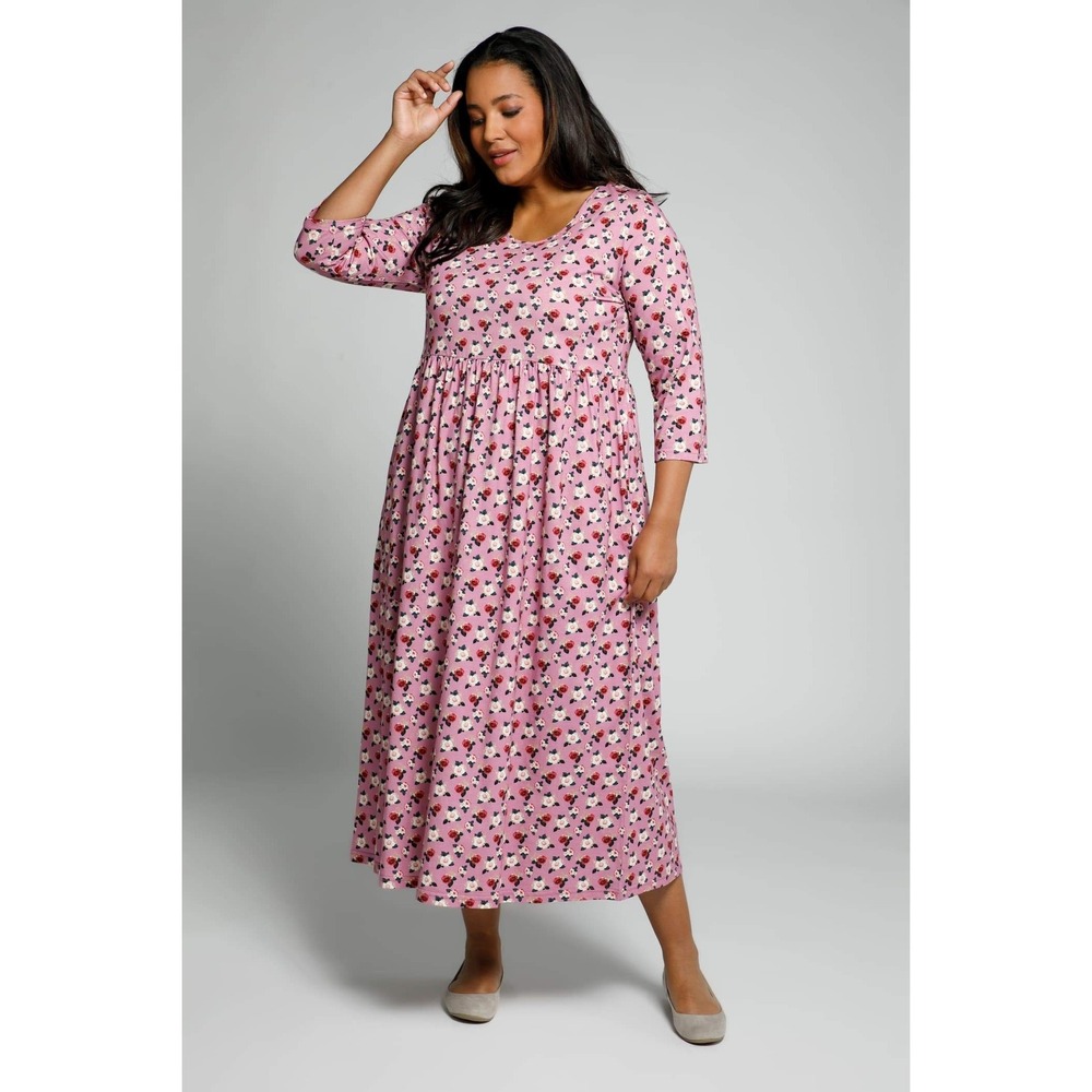 Ulla Popken Pink Rose Floral Midi‎ Dress Empire Waist Plus Size 36/38